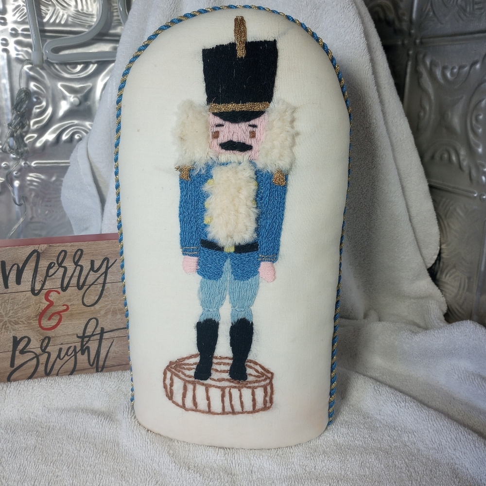 Embroidered Stand Up Nutcracker Hand Stitched Fabric Christmas Door Stop 12" VTG